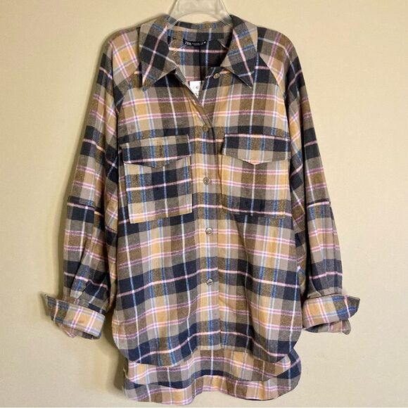 NEW Zara Oversized Plaid Shacket Overshirt Flannel Jacket Tan Pink Gray Size XL - Picture 8 of 16